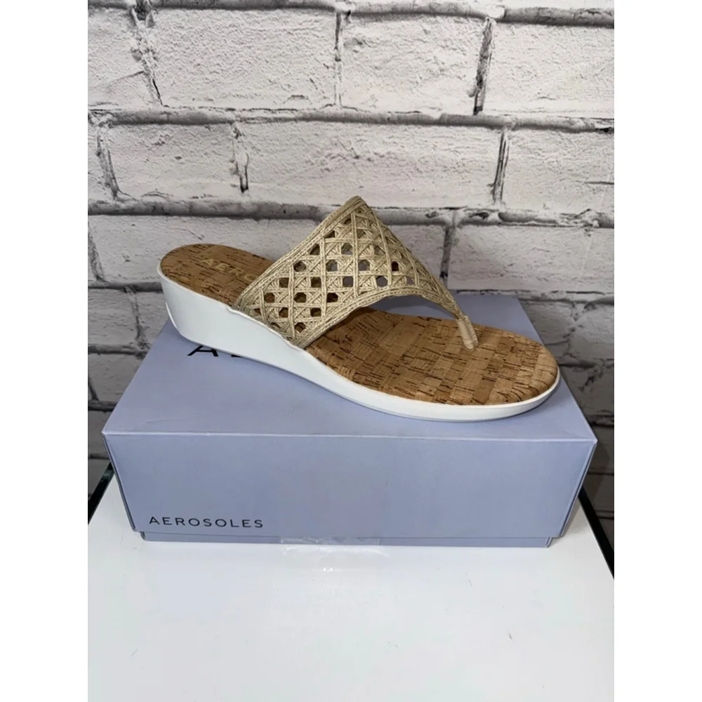 Women's Aerosoles Ivie Natural Raffia Boho Beige Cork Wedge Sandals Size 12 NWT